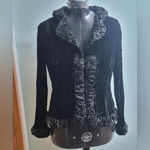 Womens Black Velvet Ruffle-Trim Top